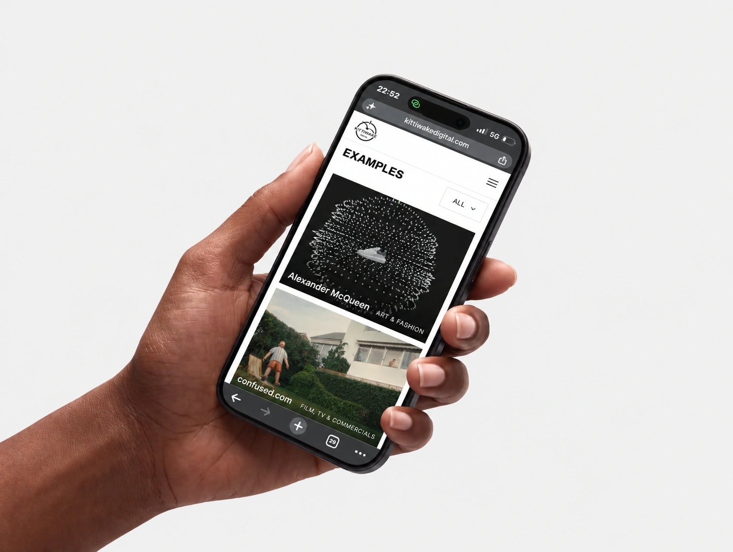 The Kittiwake Digital examples archive on a phone, filtered by sector