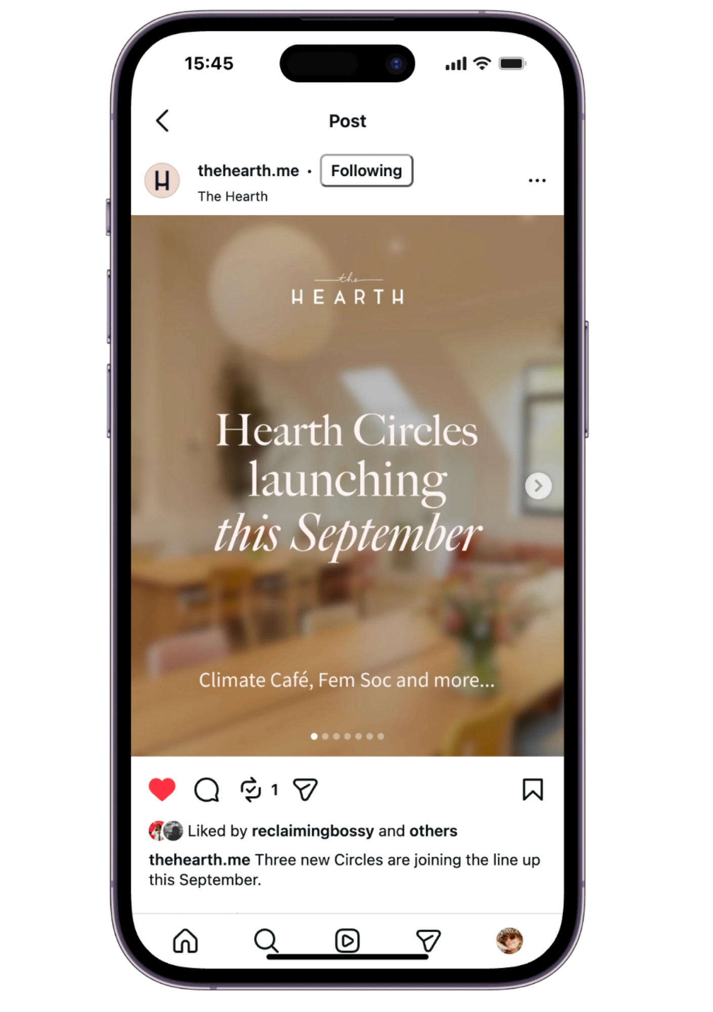 A Hearth post announcing Hearth Circles launching in September